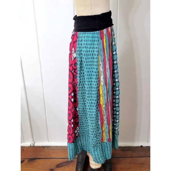 Fire Los Angeles Boho Multicolored Cotton Printed Patchwork Maxi Skirt - Picture 5 of 6